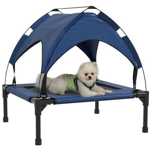 PawHut Erhöhtes Hundebett mit Baldachin, Haustierbett, Outdoor Hundeliege mit Dach, Atmungsaktiv, für kleine und mittelgroße Hunde Dunkelblau Oxford 76 x 61 x 69,5 cm von PawHut