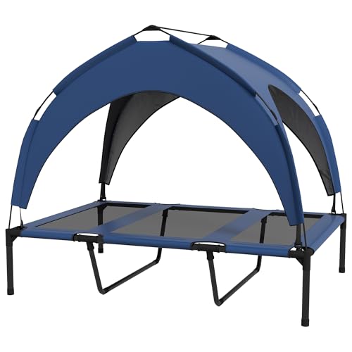 PawHut Erhöhtes Hundebett mit Baldachin, Haustierbett, Outdoor Hundeliege mit Dach, Atmungsaktiv, für Mini- und Kleinhunde Dunkelblau Oxford 106 x 76 x 94 cm von PawHut