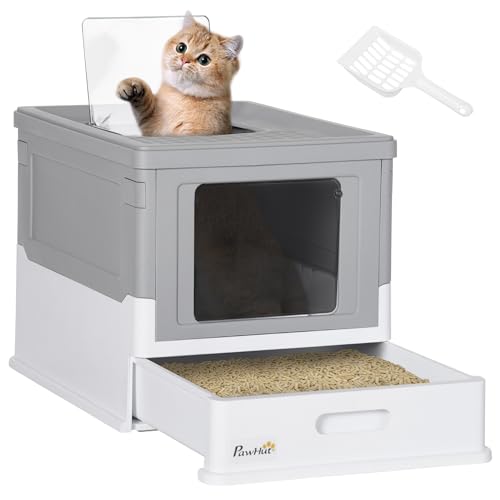 PawHut Faltbare Katzentoilette Geschlossene Katzentoilette mit abnehmbarem Deckel Abnehmbare Schale Abnehmbares Dach Scharniertür und Schaufel 47,5x35,5x35,5x36,7 cm Grau von PawHut