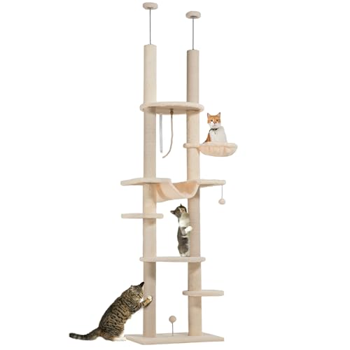 PawHut Floor to Ceiling Cat Tree 225-255 cm Kratzbaum 7 Ebenen Katzenturm mit Hängematte Plattformen Seilspielzeug Beige und Grau Toy Ball von PawHut