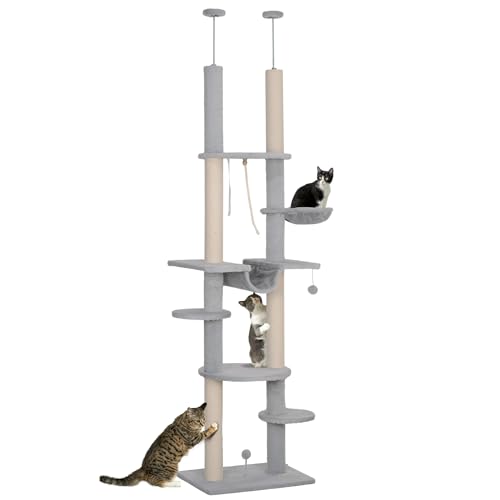 PawHut Floor to Ceiling Cat Tree 225-255 cm Kratzbaum 7 Ebenen Katzenturm mit Hängematte Plattformen Seilspielzeug Grau Ballspielzeug von PawHut