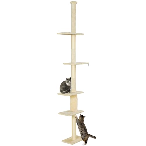 PawHut Floor to Ceiling Cat Tree 225-275 cm Kratzbaum Kratzturm mit Mehreren Plattformen Anti-Tip System Creme von PawHut