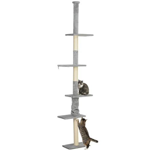 PawHut Floor to Ceiling Cat Tree 225-275 cm Kratzbaum Kratzturm mit Mehreren Plattformen Anti-Tip System Hellgrau von PawHut