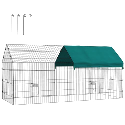 PawHut Freilaufgehege 220 x 85 x 103 cm Kleintiergehege mit Abdeckung, 4 Türen, Meerschweinchen Gehege für Kaninchen, Indoor, Outdoor, Stahl, Grün von PawHut