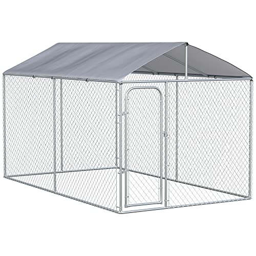 PawHut Galvanisierter Metallzwinger für Hunde mit Oxford-Stoffverdeck und verschließbarer Tür, 400x230x232cm, Silber von PawHut