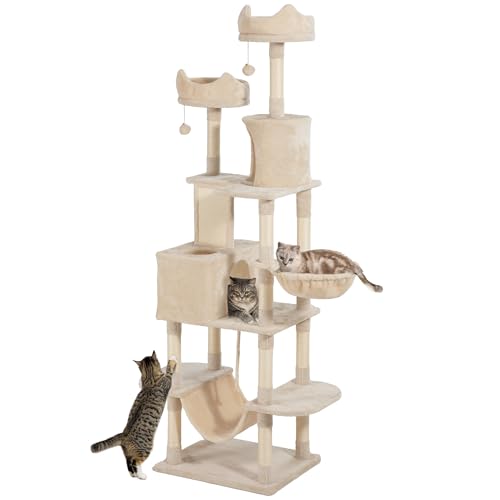 PawHut Großer Katzenkratzbaum Höhe 206 cm Katzenkratzbaum Katzenturm mit Plattformen Höhlen Hängekugeln und Hängematten Beige von PawHut