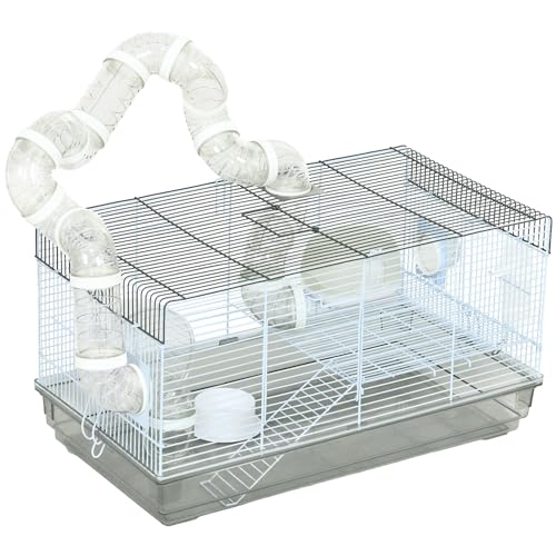 PawHut Hamsterkäfig, Nagetierkäfig, mit Tunnel und Zubehör, Käfig für Hamster, Griff, Stahldraht, 58 x 32 x 31 cm, Grau von PawHut