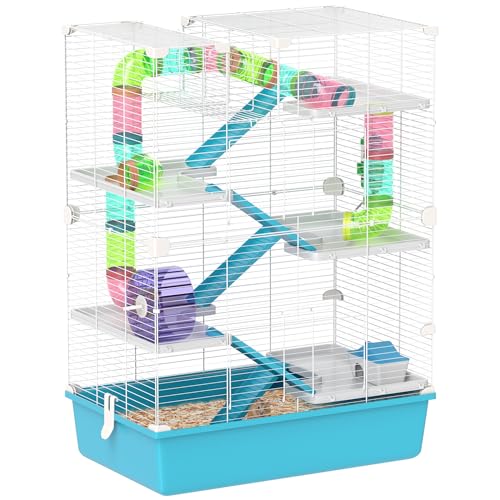 PawHut Hamsterkäfig 6 Etagen Nagerkäfig Kleintierkäfig mit Röhren Laufrad Futternapf und Zubehör, Kleintierstall Käfig für Hamster Zwerghamster 58 x 36 x 81 cm Hellblau von PawHut