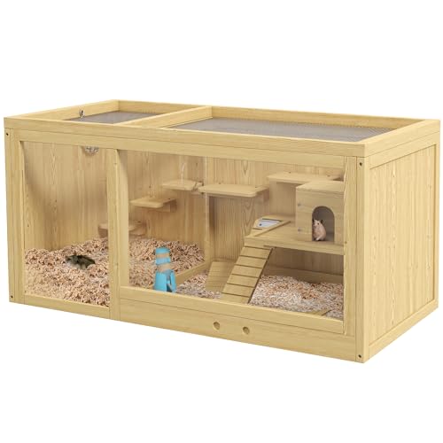 PawHut Hamsterkäfig aus Holz, 100 cm Kleintierstall, Kleintierkäfig Spielhaus für Gerbils Nagerkäfig mit Schaukeln, Leitern, zu öffnendes Dach, Hütte, Natur von PawHut