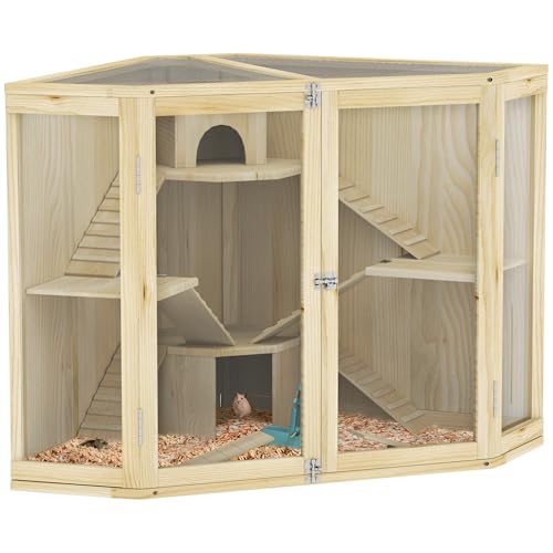 PawHut Hamsterkäfig aus Holz, Kleintierstall mit 4 Ebenen, Fütterungsstation, Wippe, Rampe, Hütten, Meerschweinchenkäfig für Zwerg- und Syrische Hamster, 115 x 69,5 x 79 cm von PawHut