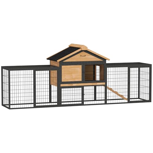 PawHut Hasenstall 2 Ebenen mit Satteldach Kaninchenstall aus Vollholz Winterfest Doppelstockhaus mit Freilaufgehege 217x53x86 cm Kaninchenkäfig Outdoor Kleintierstall für Hasen Kaninchen Gelb von PawHut