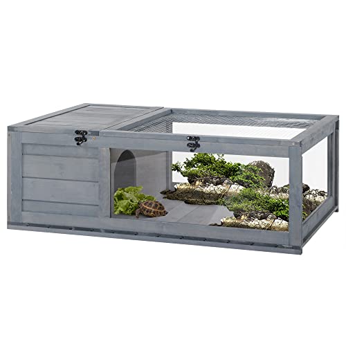 PawHut Haus Gehege Käfig Lebensraum für Kleintiere Schildkröten mit 2 Räumen 91 x 60,5 x 32 cm Massivholz grau von PawHut