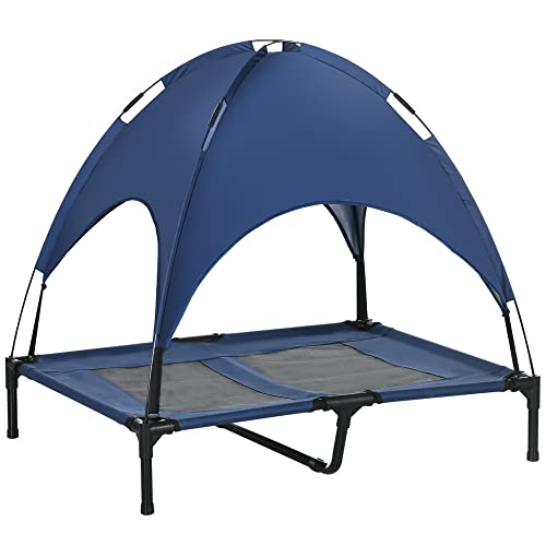 PawHut Erhöhtes Hundebett mit Baldachin, Haustierbett, Hundeliege outdoor mit Dach, Atmungsaktiv, Taftstoff für Camping Dunkelblau 92 x 76 x 90 cm von PawHut