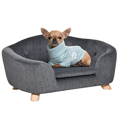 PawHut Haustiersofa Hundematte Hundebett Hundesofa Hundecouch Katzen Sofa mit Kissen Rückentasche Plüsch Schaumstoff Kiefernholz Dunkelgrau 70 x 47 x 30 cm von PawHut