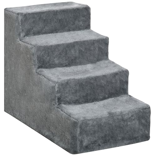 PawHut Haustiertreppe 4-stufige Hunderampe mit Abnehmbarer Bezug Katzentreppe Hundetreppe Tiertreppe Plüsch Grau 60 x 35 x 44 cm von PawHut