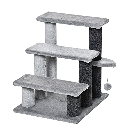 PawHut Katzentreppe 3-stufige Haustiertreppe mit Kratzsäulen Ball Hundetreppe Tiertreppe für Katzen bis 5 kg Plüsch Jute Grau 45 x 40 x 48 cm von PawHut