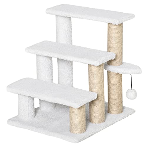 PawHut Katzentreppe 3-stufige Haustiertreppe mit Kratzsäulen Ball Hundetreppe Tiertreppe für Katzen bis 5 kg Plüsch Jute Weiß 45 x 40 x 48 cm von PawHut