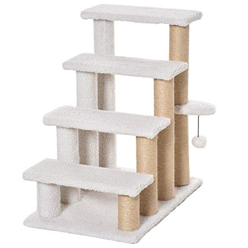 PawHut Haustiertreppe mit Kratzbaum Ball 4-stufige Katzentreppe Hundetreppe Tiertreppe Spanplatte Plüsch Jute Weiß 60 x 40 x 64 cm von PawHut