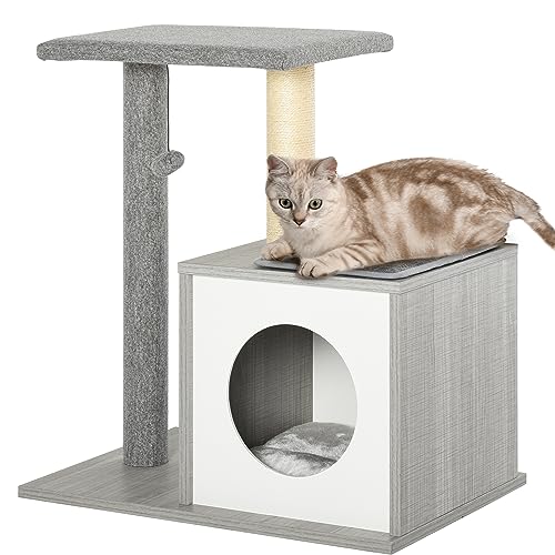 PawHut Holz Kratzbaum Katzenbaum Kletterbaum für Katzen, Kätzchen Möbel mit Katzenhöhle, Spielhaus, Katzenspielzeug und Plüschkissen Grau&Weiß 59x39x62 cm von PawHut