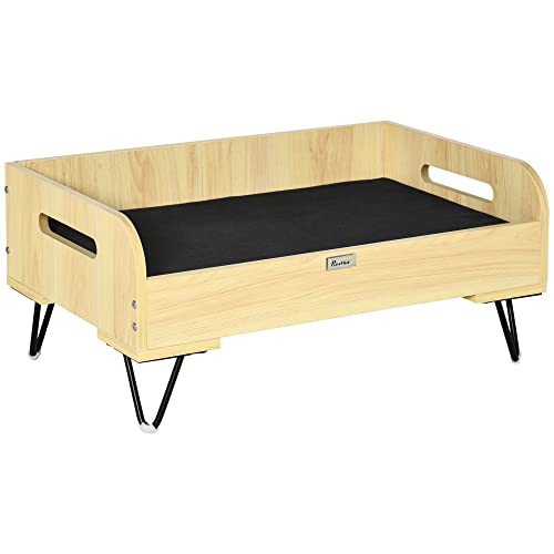 PawHut Holzbett für Hunde Katzen Bett Kleintierbett mit gepolsterten Kissen Griffe und Stahlbeine 70x45x32 cm Eiche und schwarz von PawHut