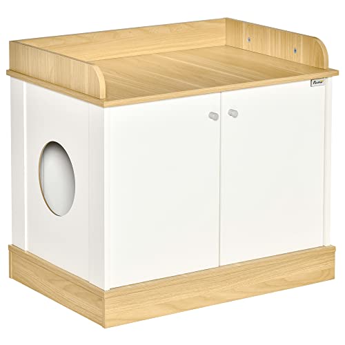 PawHut Holzkatzenhaus 2 in 1 Katzentoilette mit Aufbewahrungsregal Doppeltür und seitlichem Eingangsloch 75x53x67 cm Weiß & Eiche von PawHut