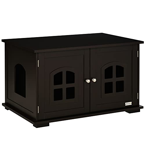 PawHut Holzkatzenhaus 2-in-1 Katzentoilette mit Aufbewahrungsschrank Große Arbeitsplatte 2 Türen mit Fenster und seitlichem Einstiegsloch 80,3x52,6x48,8 cm Braun von PawHut