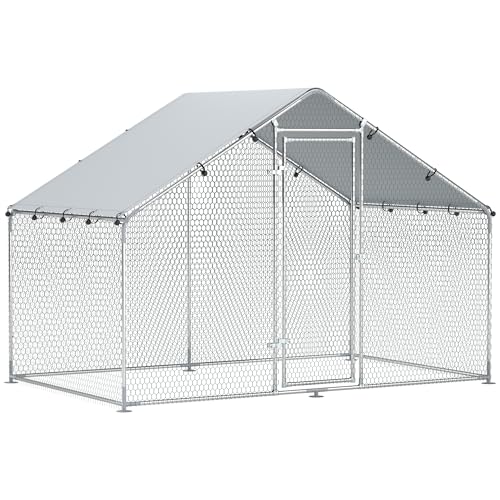 PawHut Hühnerstall 3x1,7x1,9 m, Freilaufgehege für Hühner Kaninchen Meerschweinchen Pflanzen, aus Verzinktem Stahl mit Schloss & Wasserdichtem Anti-UV Dach, Outdoor Geflügelstall Kleintierkäfig Silber von PawHut