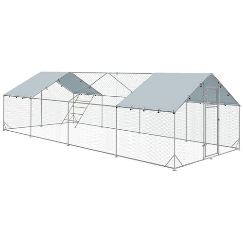 PawHut Hühnerstall Freilaufgehege aus Stahl, 3 x 8 x 1,95 m Hühnerkäfig mit UV-beständiger Abdeckung, Futtertür, Hängefütterung, Sitzstange, Hühnergehege für 24-30 Hühner, Kleintiere, Silber von PawHut