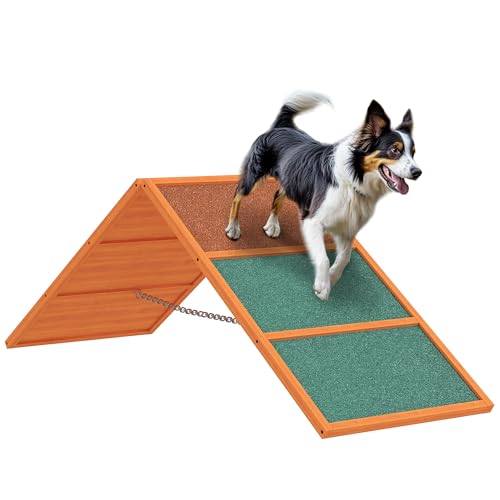 PawHut Hunde Agility Steg Agility-Ausrüstung für Hunde mit klappbare Brücke, rutschfeste Oberfläche höhenvertstellbar Agility-Gerät für Garten, 173 x 59 x 66 cm, Orange von PawHut