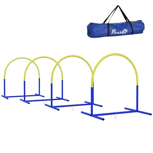 PawHut Hunde-Agility-Trainingsgeräte, Hund Agility Set, 4-teilges Steckhürdenset für ältere Hunde, Hundetrainigsset mit Tragetasche, Blau+Gelb, 88 x 64 x 95 cm von PawHut