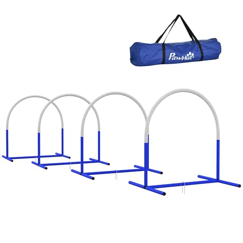 PawHut Hunde-Agility-Trainingsgeräte, Hund Agility Set, 4-teilges Steckhürdenset für ältere Hunde, Hundetrainigsset mit Tragetasche, Blau+Weiß, 88 x 64 x 95 cm von PawHut