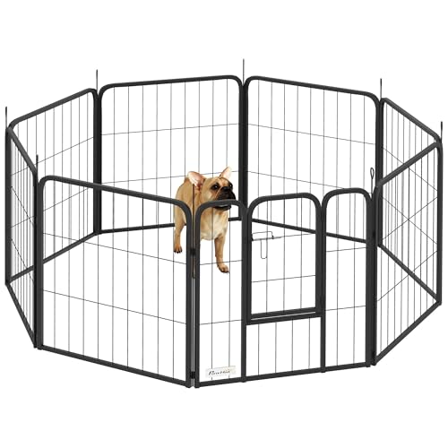 PawHut Hundeauslauf, Hundeauslauf mit 8 Paneelen, modular und zusammenklappbar, tragbares Stahlgehege 60H cm mit Tür, Zaun für Welpen und Kleintiere, innen und außen, schwarz von PawHut