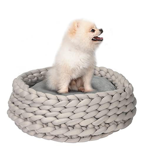 PawHut Hundebett für Hunde und Katzen, 50 cm Durchmesser, Strickoptik, Kissen abnehmbar und maschinenwaschbar – Beige von PawHut