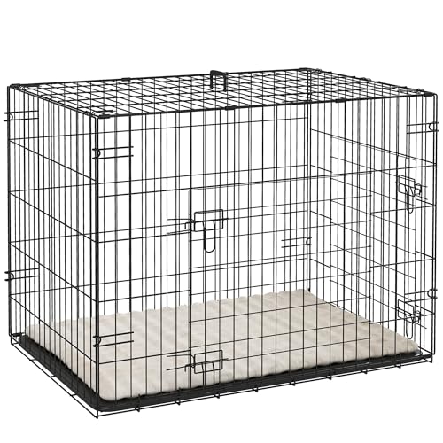 PawHut Hundebox, Faltbare Hundetransportbox, mit 2 Türen, herausnehmbarem Tablett, weichem, waschbarem Kissen, Stahlrahmen, 76 x 53 x 60 cm, schwarz von PawHut