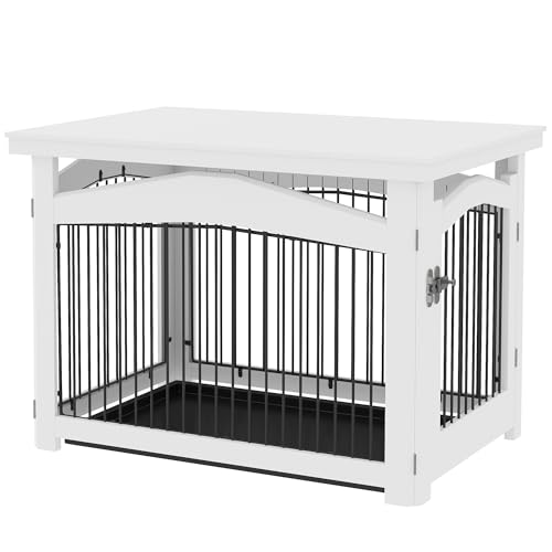 PawHut Hundebox 3 in 1, Beistelltisch, Laufstall, mit abnehmbarem Tablett, für mittelgroße Hunde, 82,5 x 57,5 x 59,5 cm, weiß von PawHut