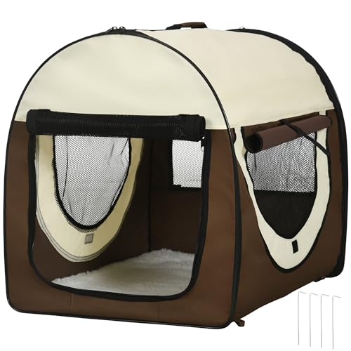 PawHut Hundebox Faltbare Hundetransportbox Haustierrucksack mit Kissen Reisetasche Transportbox für Tier wasserdicht Oxfordstoff Kaffee 70 x 51 x 59 cm von PawHut