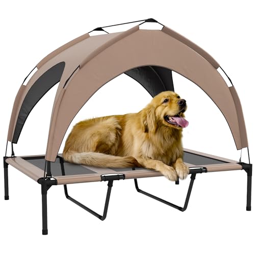 PawHut Hundehochbett, Feldbett für Hunde, Velum aus TAFT, Hundebett, mikroperforiertes Textilgewebe + inkl. Tragetasche, einfach zusammenzubauen, 106 x 76 x 94 cm, Kaffee von PawHut