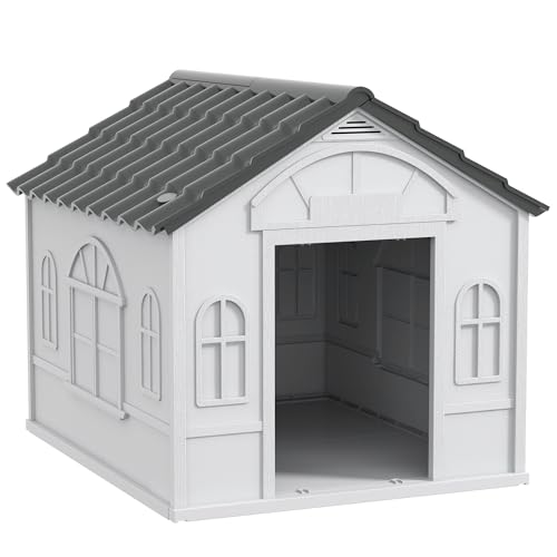 PawHut Hundehütte, Hundehaus mit Satteldach, wetterfest Kleintierhaus für mittelgroße Hunde unter 20 kg, Hundehütte Outdoor, 65 x 75,7 x 63 cm, Grau von PawHut