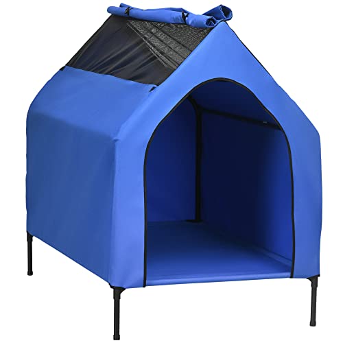 PawHut Hundehütte 130x85x121 cm Hochbett mit abnehmbarem Deckel und Mesh-Fenster für große und extra große Hunde Blau von PawHut