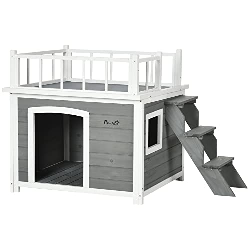 PawHut Hundehütte Hundehaus mit Balkon, Erhöhtes Kleintierhaus mit Treppe, Fenster, Hundehöhle für Kleine, Mittele Hunde, Tannenholz (Hellgrau, 121L x 77B x 78H cm) von PawHut