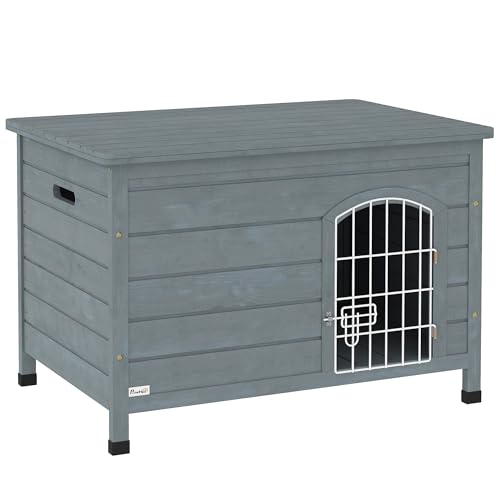 PawHut Hundehütte Hundehaus mit Tür Hundebox Gitterbox TransportKäfig für Katzen Hasen Outdoor wasserdicht Grau Tanne 80 x 55 x 53,5 cm von PawHut