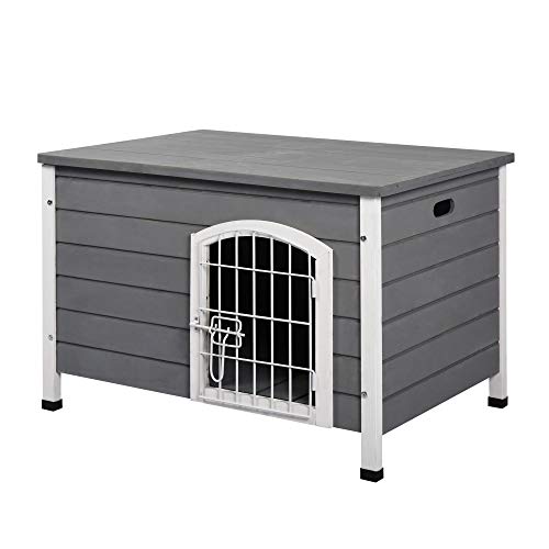 PawHut Hundehütte Hundehaus mit Tür Hundebox Gitterbox TransportKäfig für Katzen Hasen Outdoor wasserdicht Grau Tanne 80x55x53,5 cm von PawHut