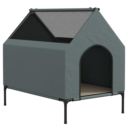 PawHut Hundehütte Outdoor Hundezelt mit Mesh-Fenster, erhöhtes Hundebett mit abnehmbarem Deckel, Tragetasche, Hundehöhle für kleine, mittelgroße Hunde, Oxford, Grau, 81 x 51 x 78 cm von PawHut