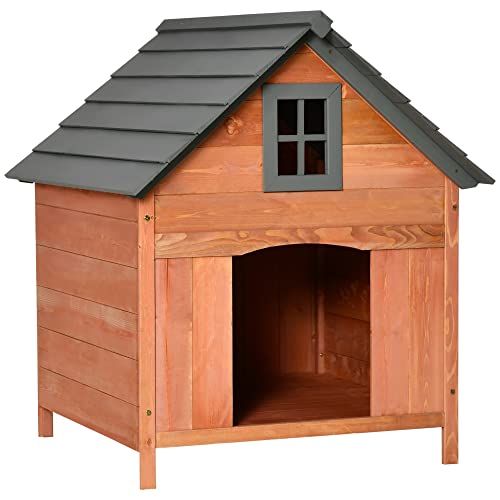 PawHut Hundehütte Outdoor Hundehaus Hundehöhle aus Holz Winterfest für mittelgroße Hunde Natur 81,3 x 91,5 x 98,5 cm von PawHut