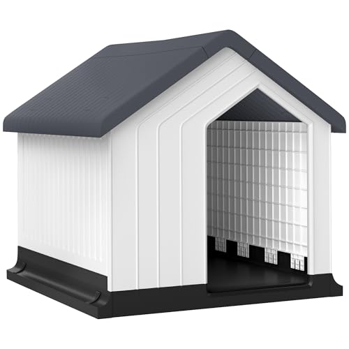 PawHut Hundehütte Outdoor Hundehaus mit Asphaltdach, Fenster, Wetterfest Kleintierhaus, Hundehöhle für Mini und kleine Hunde Grau 62 x 61 x 60 cm von PawHut