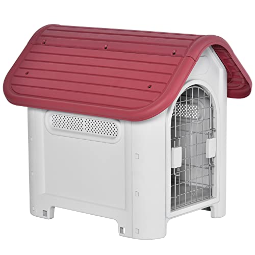 PawHut Hundehütte Outdoor Hundehaus mit Dachluke Tor Unterschlupf für kleine Hunde Kleintierstall Luftzirkulation wasserdicht Metall Kunststoff Rot+Hellgrau 59 x 75 x 66 cm von PawHut