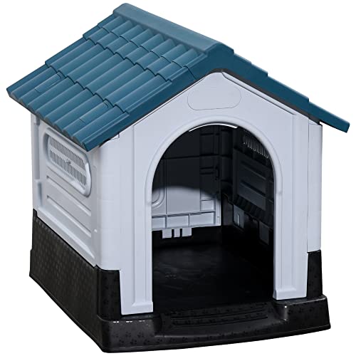 PawHut Hundehütte Zwinger draußen für kleine und mittelgroße Hunde – 64,5 x 57 x 66 cm – Weiß und Blau von PawHut