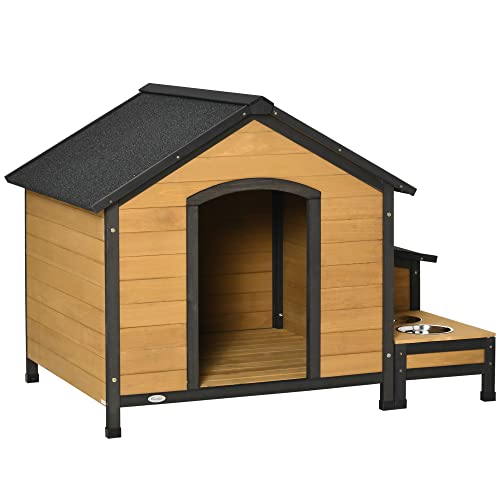 PawHut Hundehütte aus Holz Hundehaus Kleintierhaus mit 2 Hundeschüsseln Asphaltdach Outdoor wetterfeste Hütte für draußen Tannenholz Naturholz 130 x 93 x 92 cm von PawHut