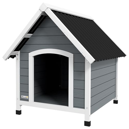 PawHut Hundehütte aus Holz Kleintierhaus mit Asphaltdach Hundehaus mit herausnehmbarem Boden Outdoor korrosionsbeständig Hundehöhle für mittelgroße Hunde 75 x 88 x 82 cm Grau von PawHut