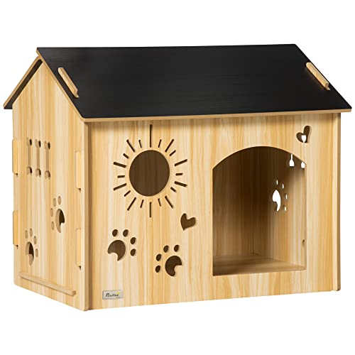 PawHut Hundehütte aus Holz Kleintierhaus mit Lüftungsöffnungen Hundehaus mit Dach Hundehöhle Indoor MDF Eiche+Schwarz 69 x 50 x 58,5 cm von PawHut